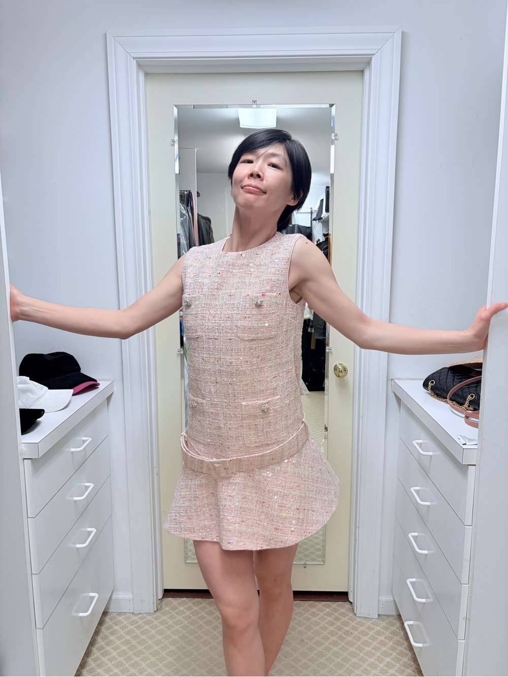 NWOT Self-Portrait Pink Tweed Sleeveless Belted Mini Dress, Size US 6 - Picture 2 of 16